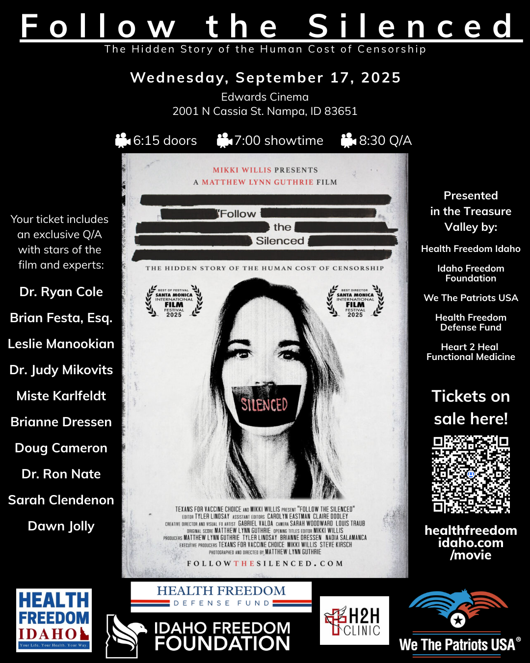 Join the Live Experience & Fellowship with Like Minded People at the Premiere Screening of the Documentary “Follow the Silenced” – 9/17 7pm Nampa
